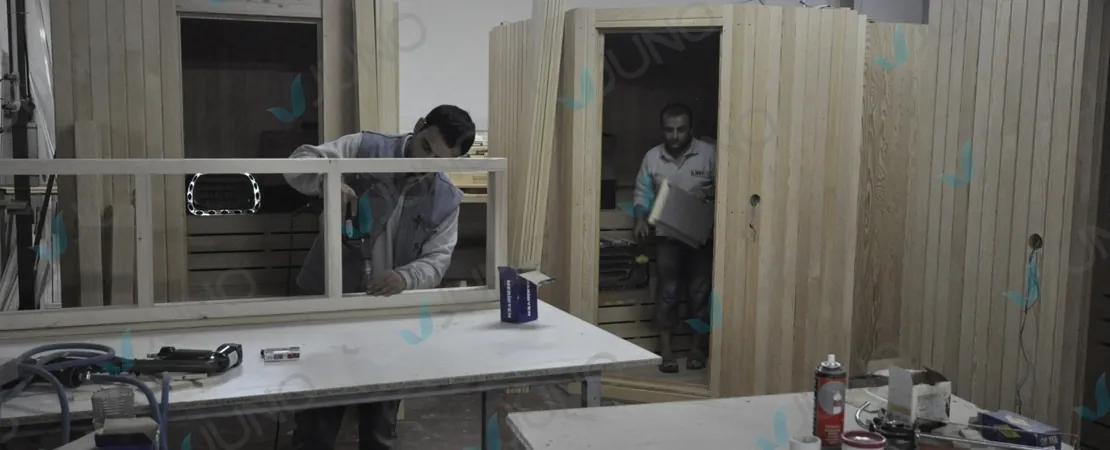 Timber sauna cabin being assembled in the workshop